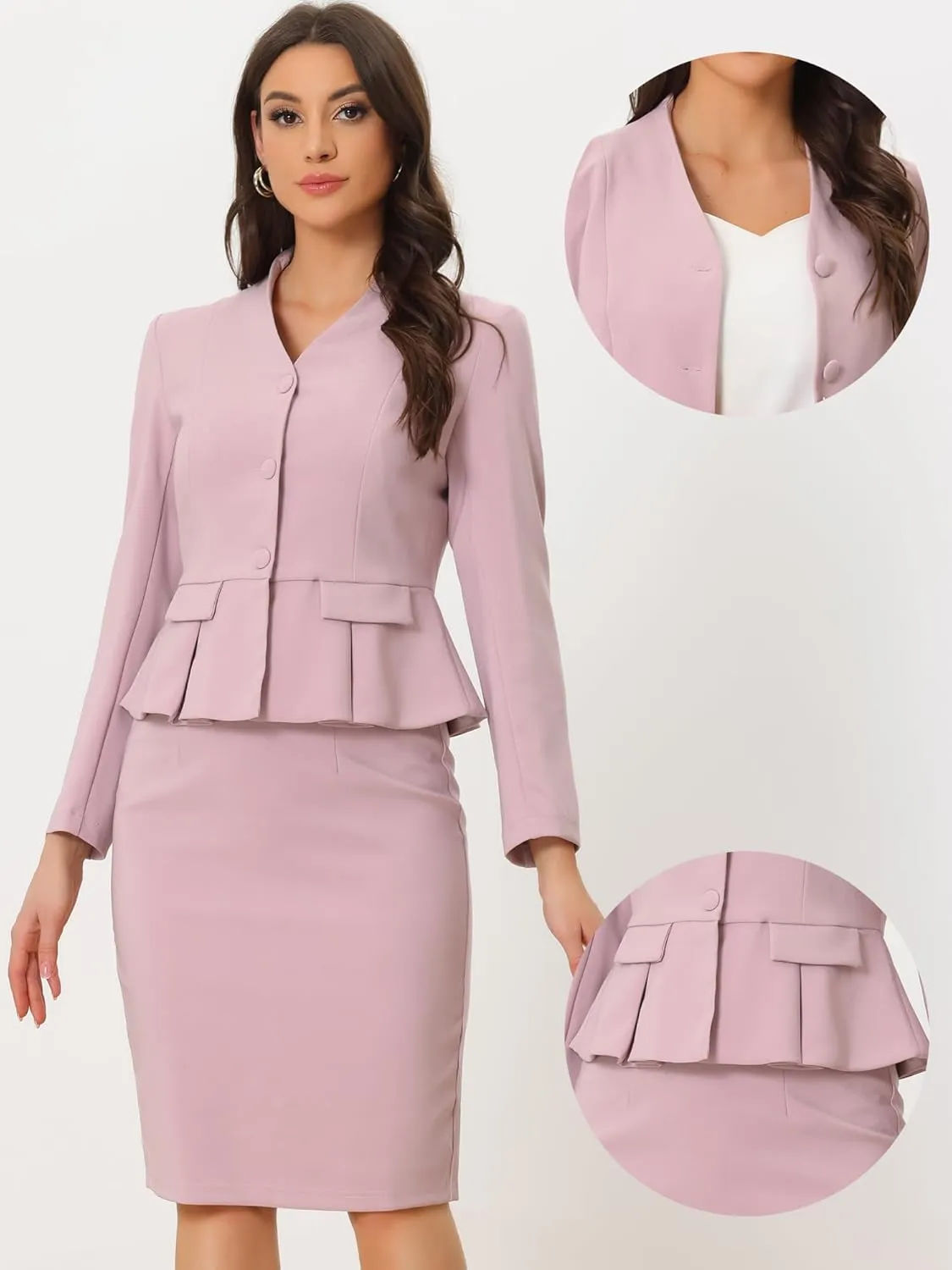 Allegra K Business Suit Sets for Women's 2 Piece Outfits Collarless Peplum Blazer Formal Pencil Skirt Suit