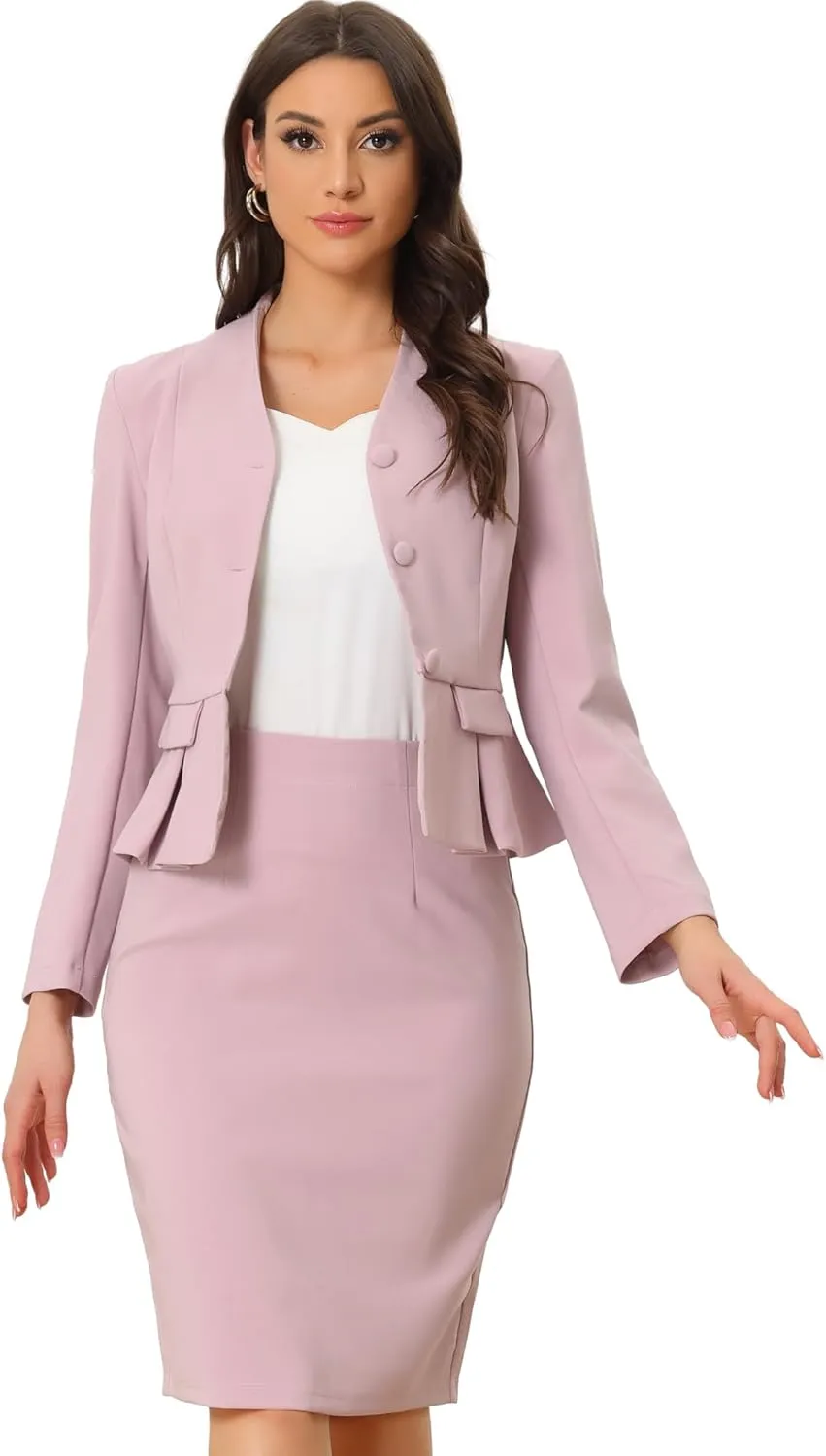 Allegra K Business Suit Sets for Women's 2 Piece Outfits Collarless Peplum Blazer Formal Pencil Skirt Suit