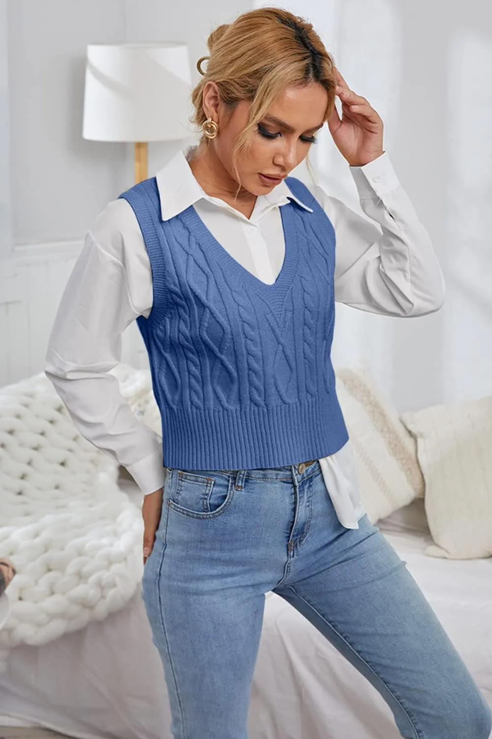 Aoysky Sweater Vest Women's V-Neck Sweater Tank Tops Pullover Cable Knit Vest Solid Color Sleeveless Loose Fit Sweater Top