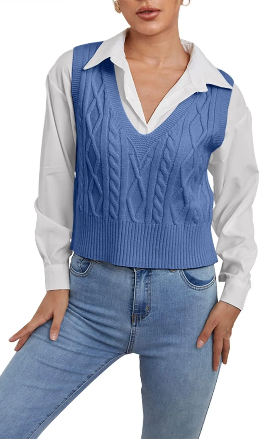 Aoysky Sweater Vest Women's V-Neck Sweater Tank Tops Pullover Cable Knit Vest Solid Color Sleeveless Loose Fit Sweater Top