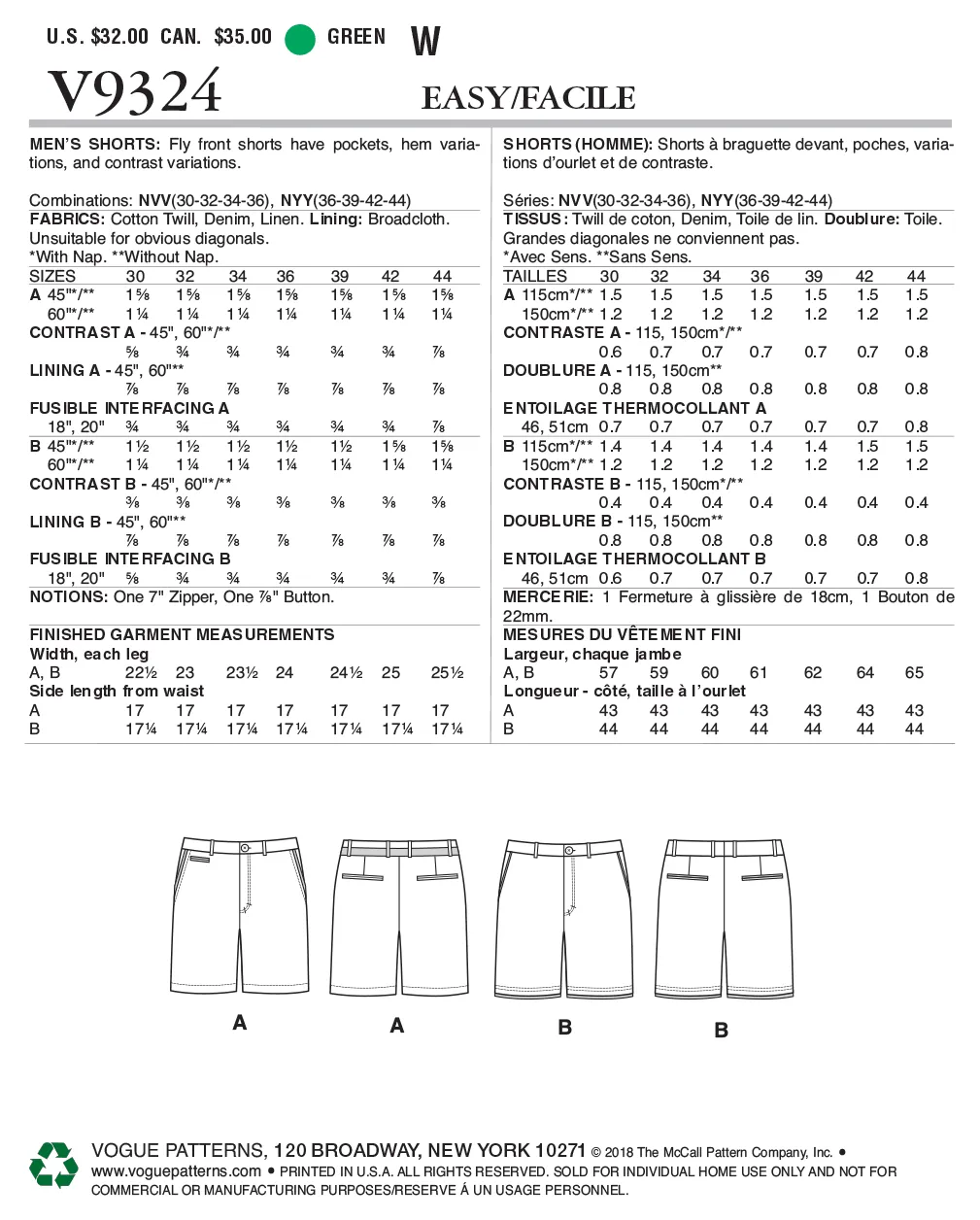 CLEARANCE • VOGUE PATTERN  | Men's Shorts V9324