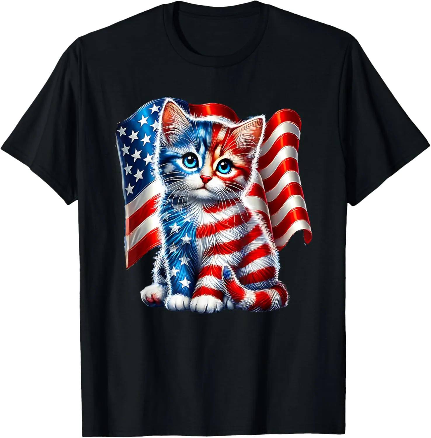 Cute Cat Patriotic 4th July American Flag T-Shirt