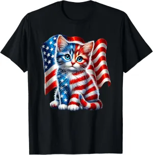 Cute Cat Patriotic 4th July American Flag T-Shirt