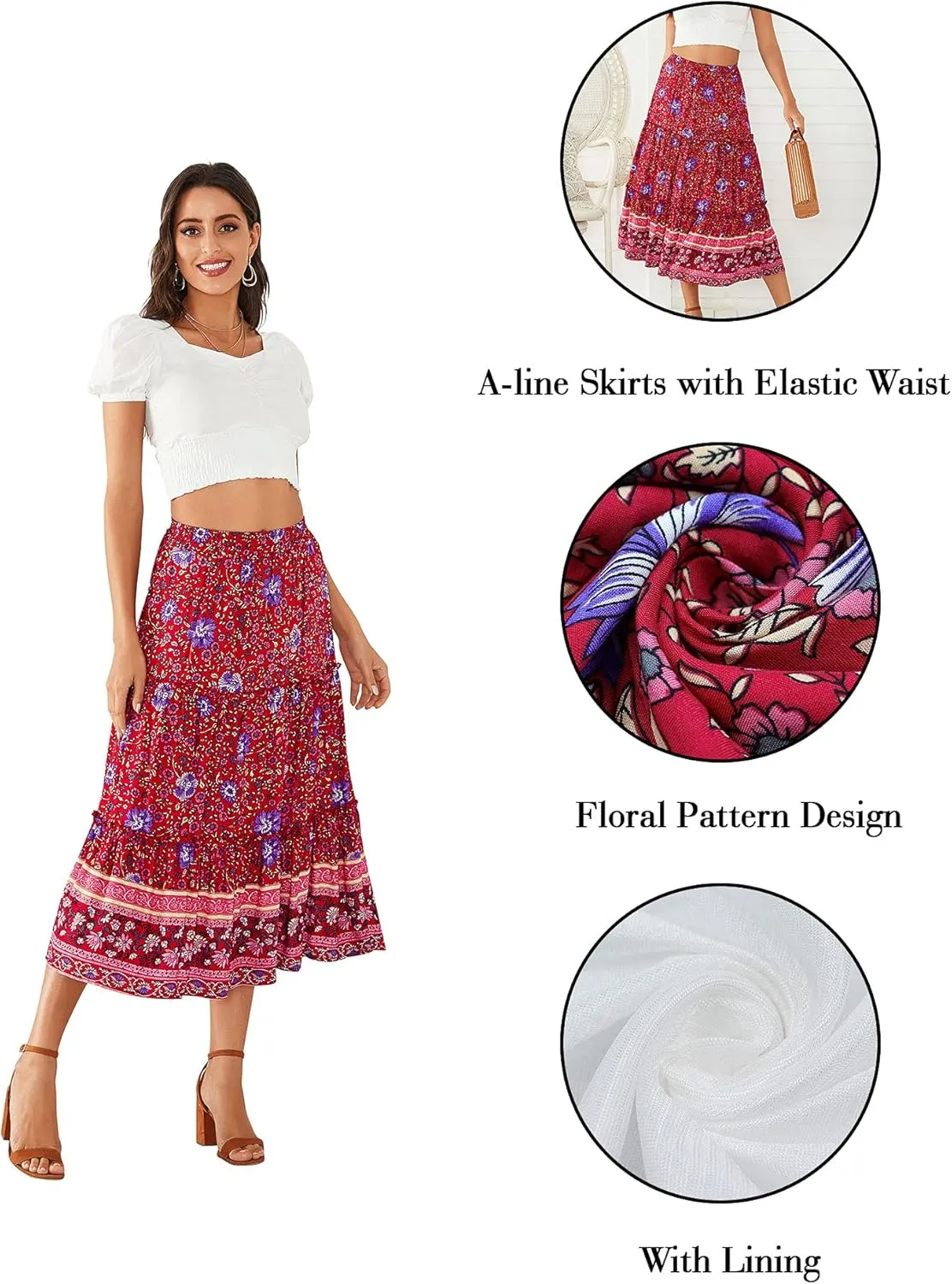 Hibluco Women's Floral Midi Skirts Elastic High Waist A-Line Swing Skirts