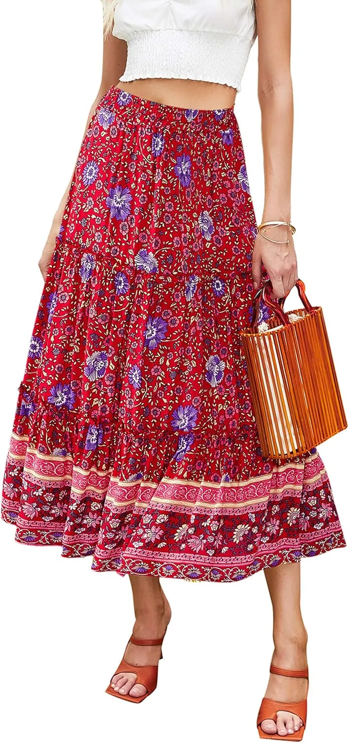 Hibluco Women's Floral Midi Skirts Elastic High Waist A-Line Swing Skirts