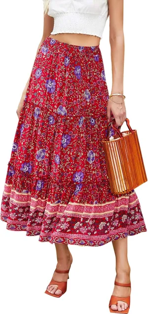 Hibluco Women's Floral Midi Skirts Elastic High Waist A-Line Swing Skirts