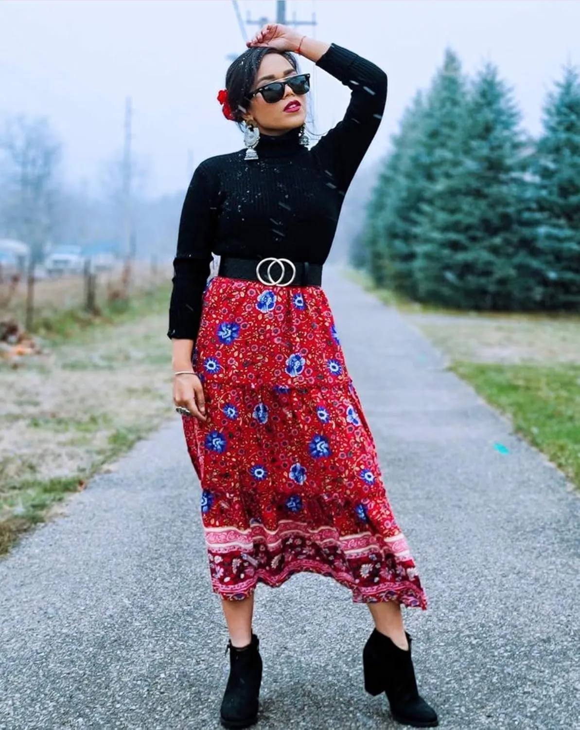 Hibluco Women's Floral Midi Skirts Elastic High Waist A-Line Swing Skirts