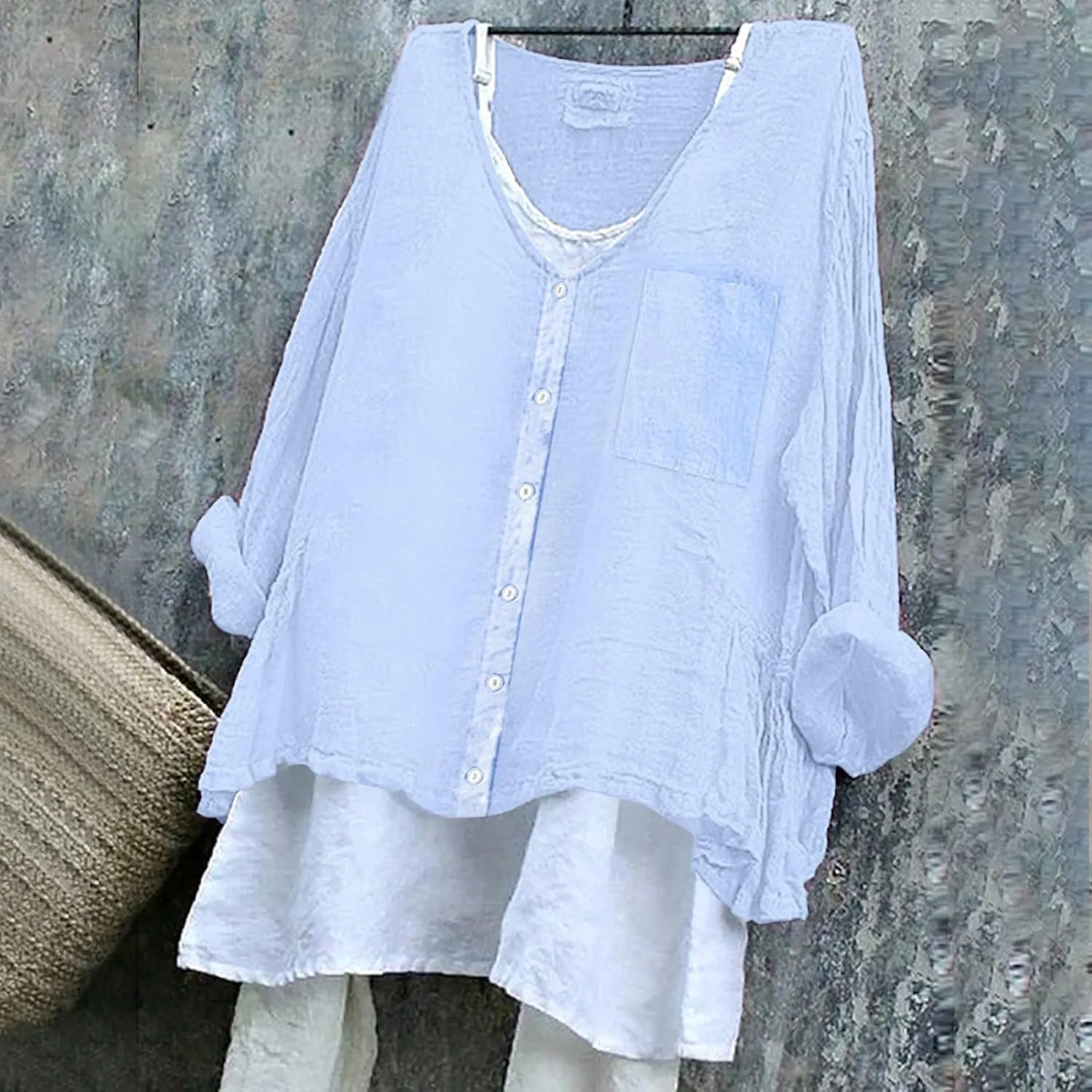Linen Shirts for Women V Neck Long Rolled Sleeve Office Work Tops Casual Boho Vintage Vacation Tees Shirt Blouse