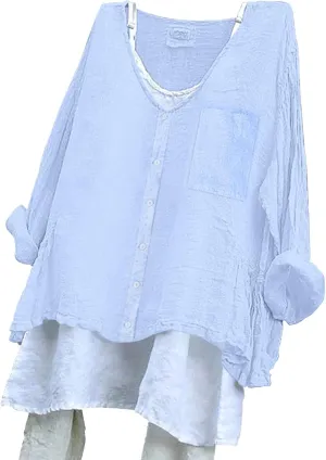 Linen Shirts for Women V Neck Long Rolled Sleeve Office Work Tops Casual Boho Vintage Vacation Tees Shirt Blouse