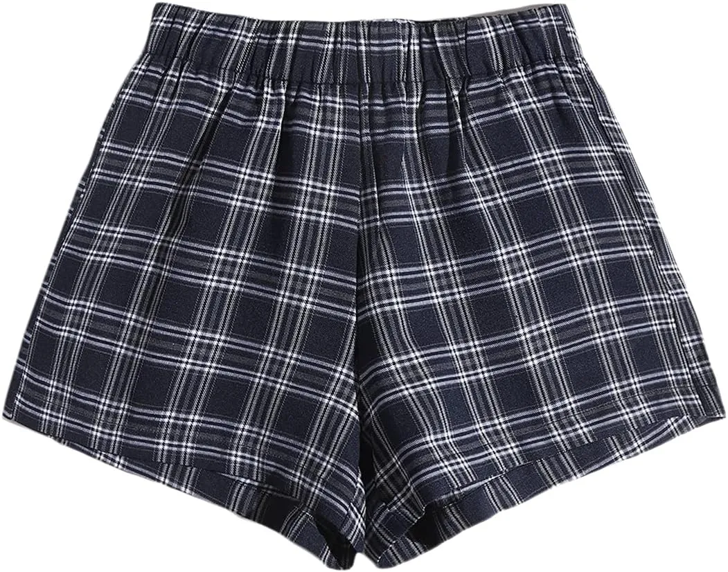 MakeMeChic Women's Elastic Waisted Plaid Shorts Lounge Pajama Shorts
