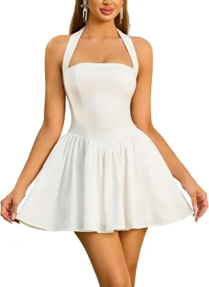 Parthea Women's Summer Halter Mini Dress Backless A Line Flowy Club Party Short Dresses