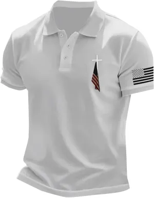 Polo T Shirts for Men Christian Jesus Faith Cross American USA Flag Golf T-Shirts Casual Short Sleeve Work Tops