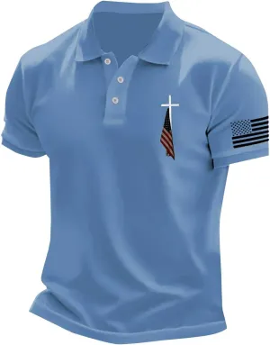 Polo T Shirts for Men Christian Jesus Faith Cross American USA Flag Golf T-Shirts Casual Short Sleeve Work Tops