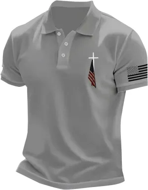 Polo T Shirts for Men Christian Jesus Faith Cross American USA Flag Golf T-Shirts Casual Short Sleeve Work Tops