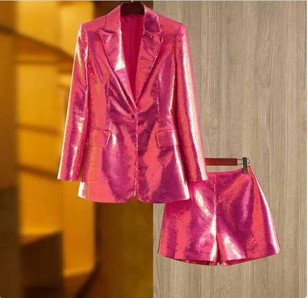 Sequin Blazer and Short Set for Women 2 PC Slim Fit Notch Lapel Prom Party Suit Women's Glitter Suit