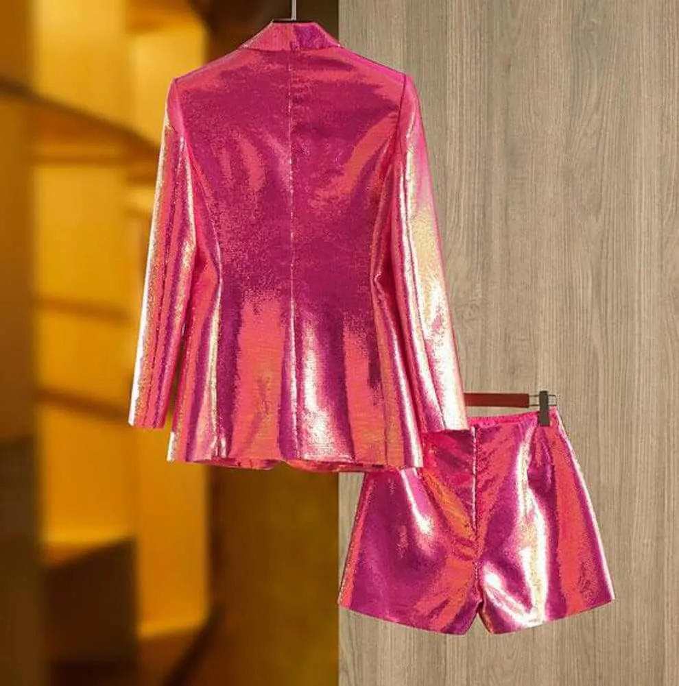Sequin Blazer and Short Set for Women 2 PC Slim Fit Notch Lapel Prom Party Suit Women's Glitter Suit