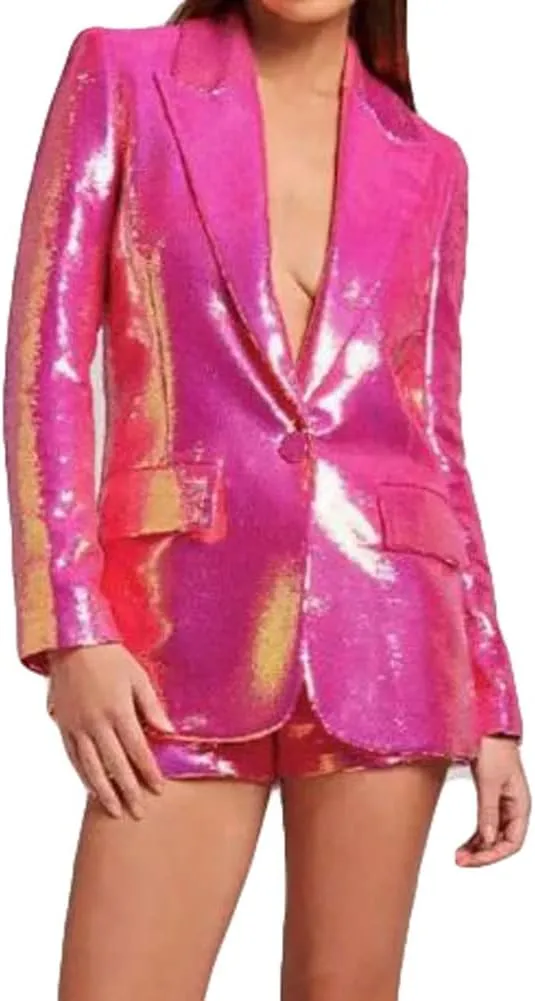 Sequin Blazer and Short Set for Women 2 PC Slim Fit Notch Lapel Prom Party Suit Women's Glitter Suit