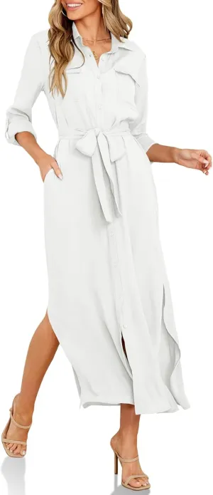 Wenrine Womens Button Down Shirt Dress Casual Chiffon 3/4 Lenght Sleeve Belted Lightweight Flowy Midi Dress with Slit White