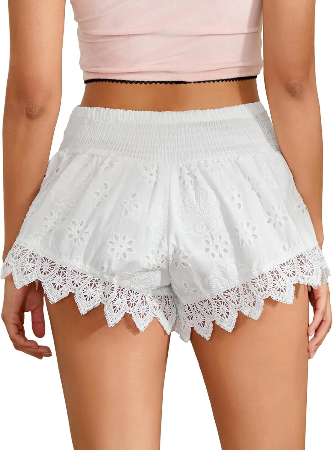 Women Floral Embroidered Mini Shorts Elastic Waist Ruffle Flowy Skirt Shorts Layered Tiered Hollow Crochet Shorts