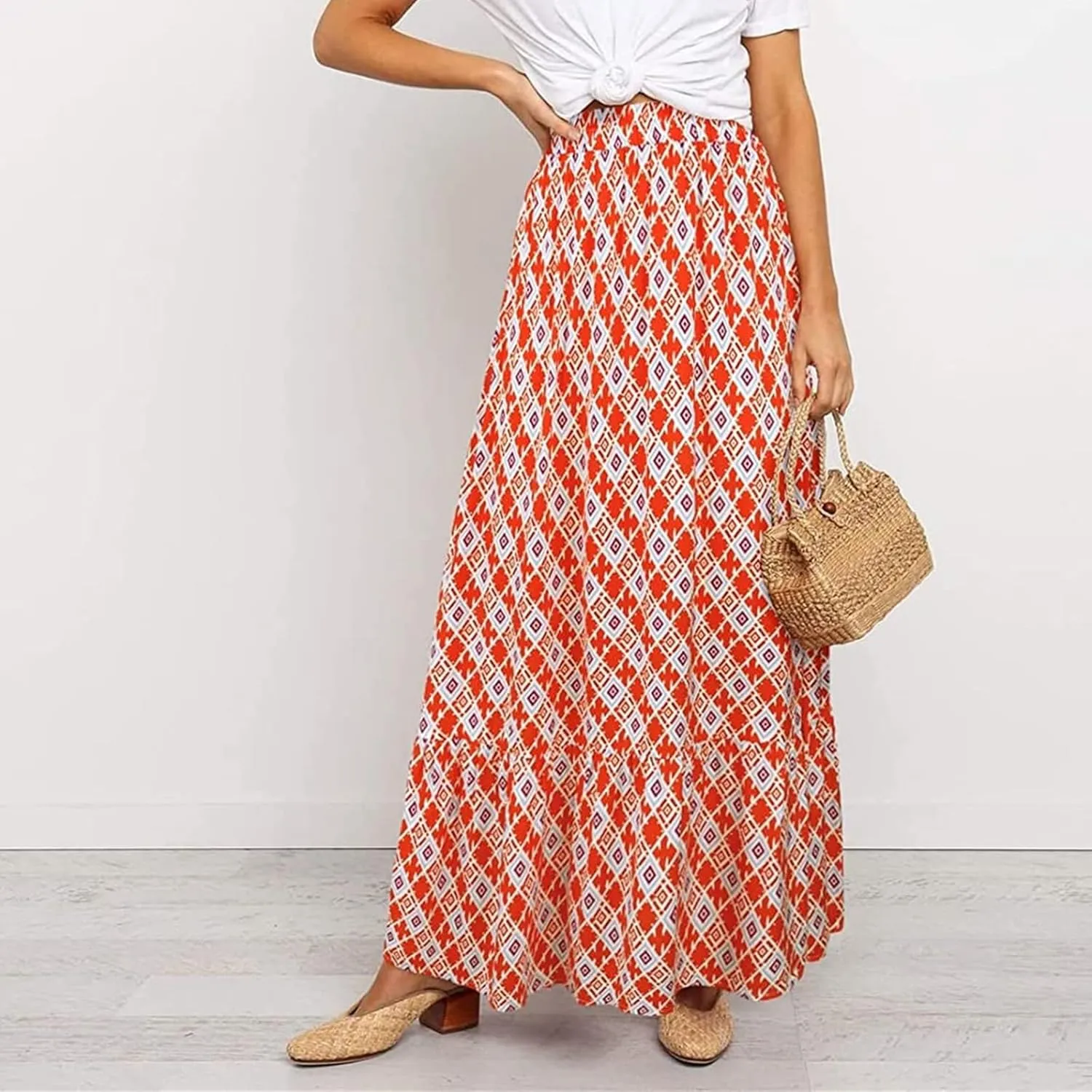 Womens Boho Maxi Skirts Summer Trendy Elastic High Waisted A Line Skort Casual Flowy Floral Ruffle Hem Beach Skirts