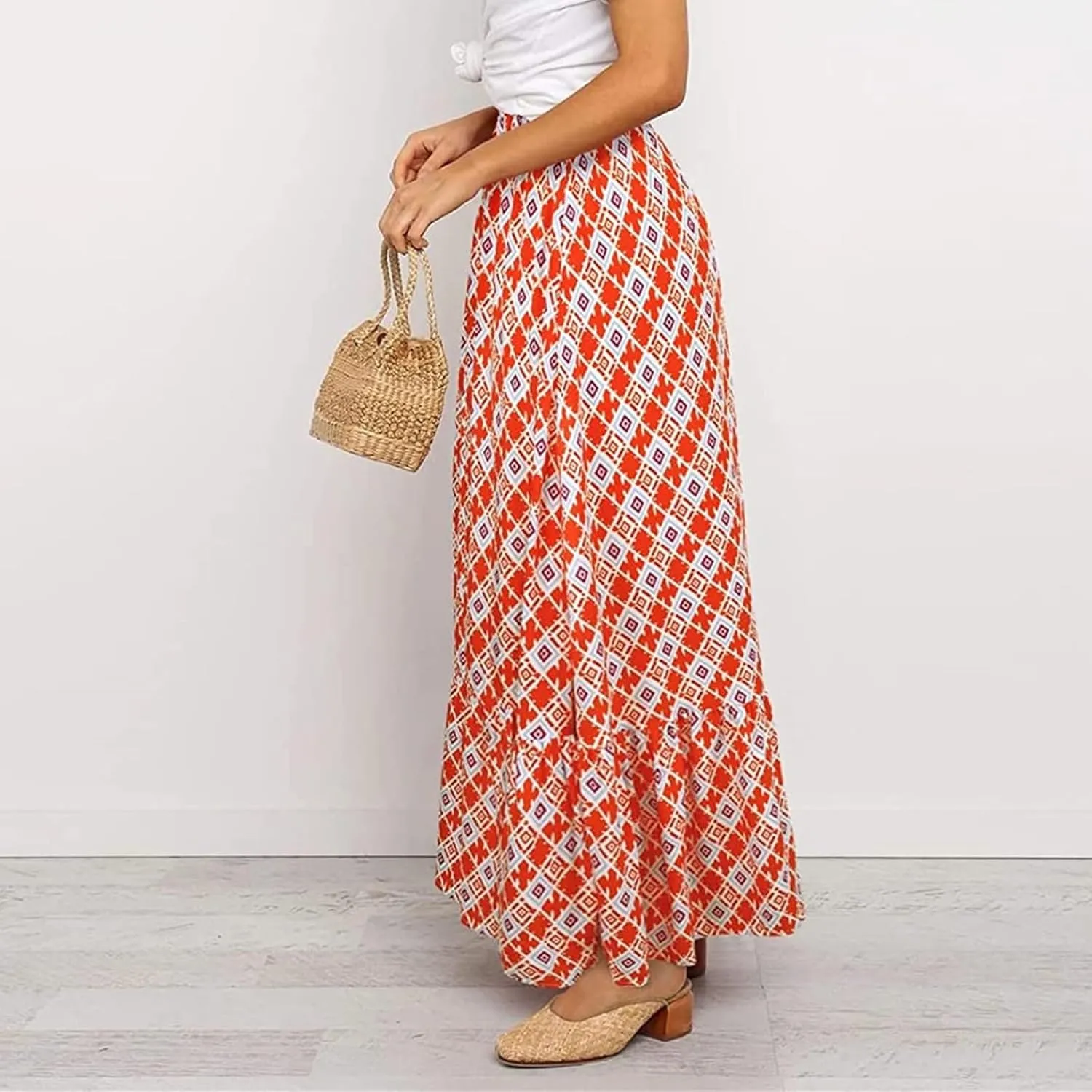 Womens Boho Maxi Skirts Summer Trendy Elastic High Waisted A Line Skort Casual Flowy Floral Ruffle Hem Beach Skirts