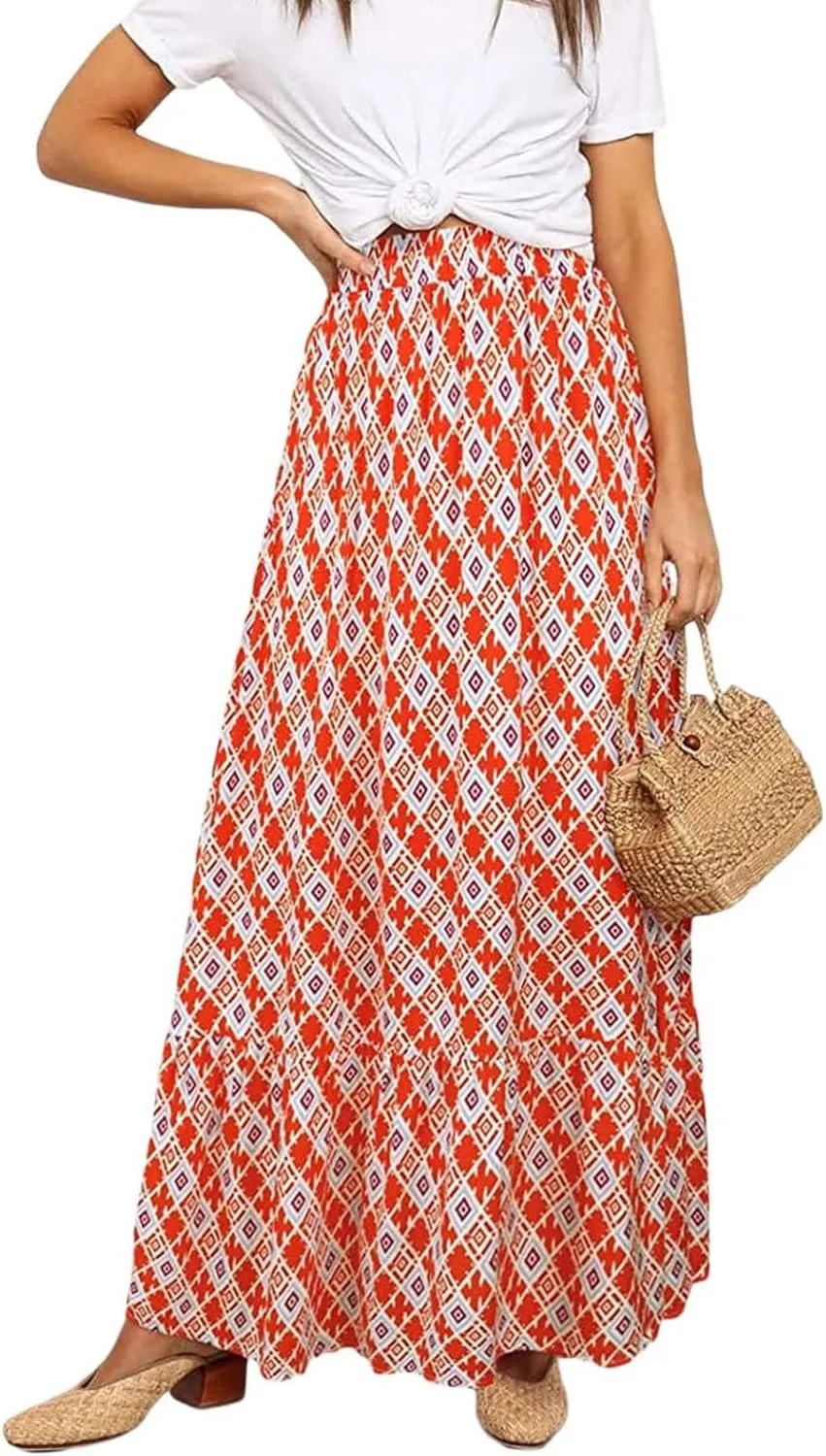 Womens Boho Maxi Skirts Summer Trendy Elastic High Waisted A Line Skort Casual Flowy Floral Ruffle Hem Beach Skirts