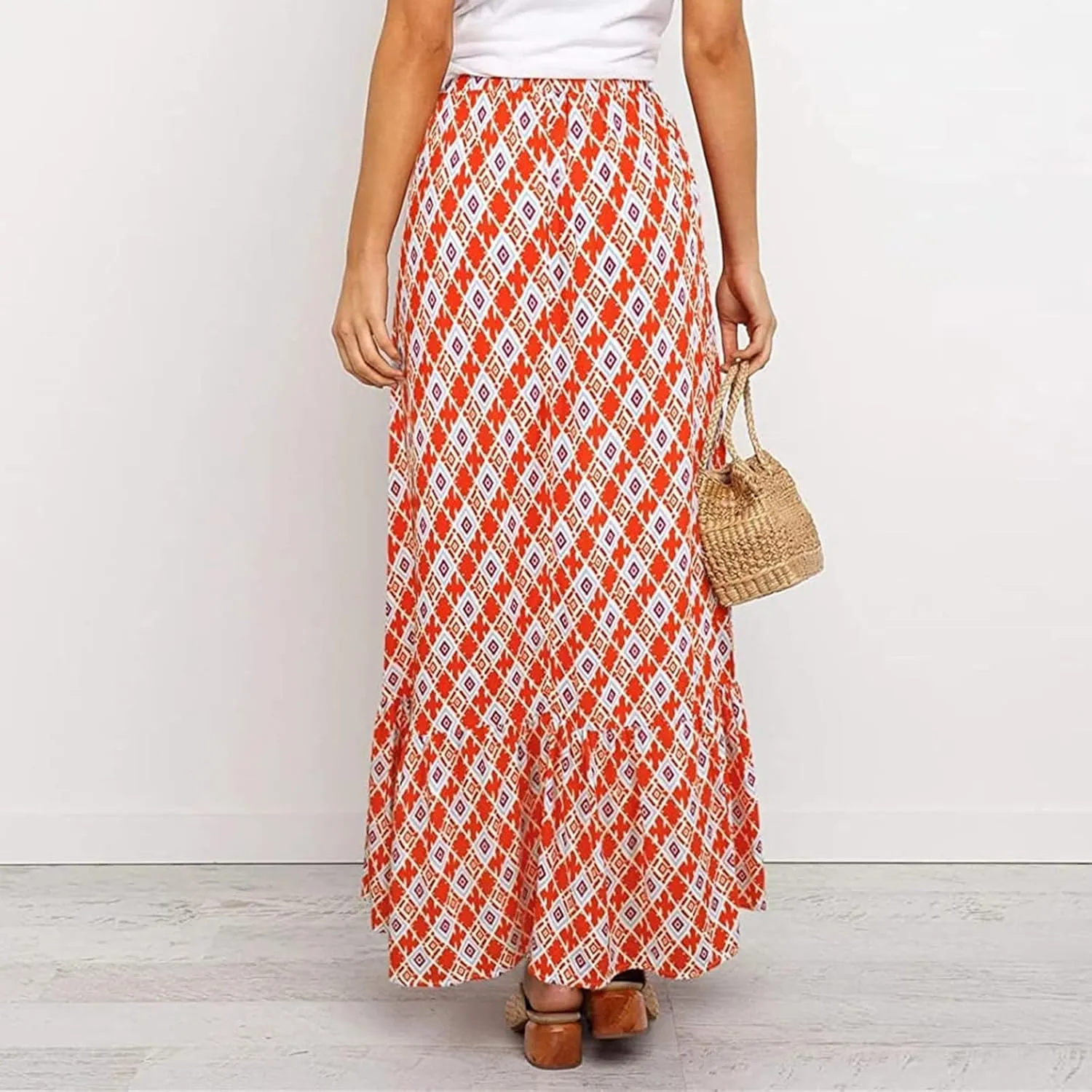 Womens Boho Maxi Skirts Summer Trendy Elastic High Waisted A Line Skort Casual Flowy Floral Ruffle Hem Beach Skirts