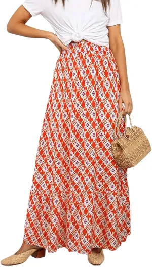 Womens Boho Maxi Skirts Summer Trendy Elastic High Waisted A Line Skort Casual Flowy Floral Ruffle Hem Beach Skirts