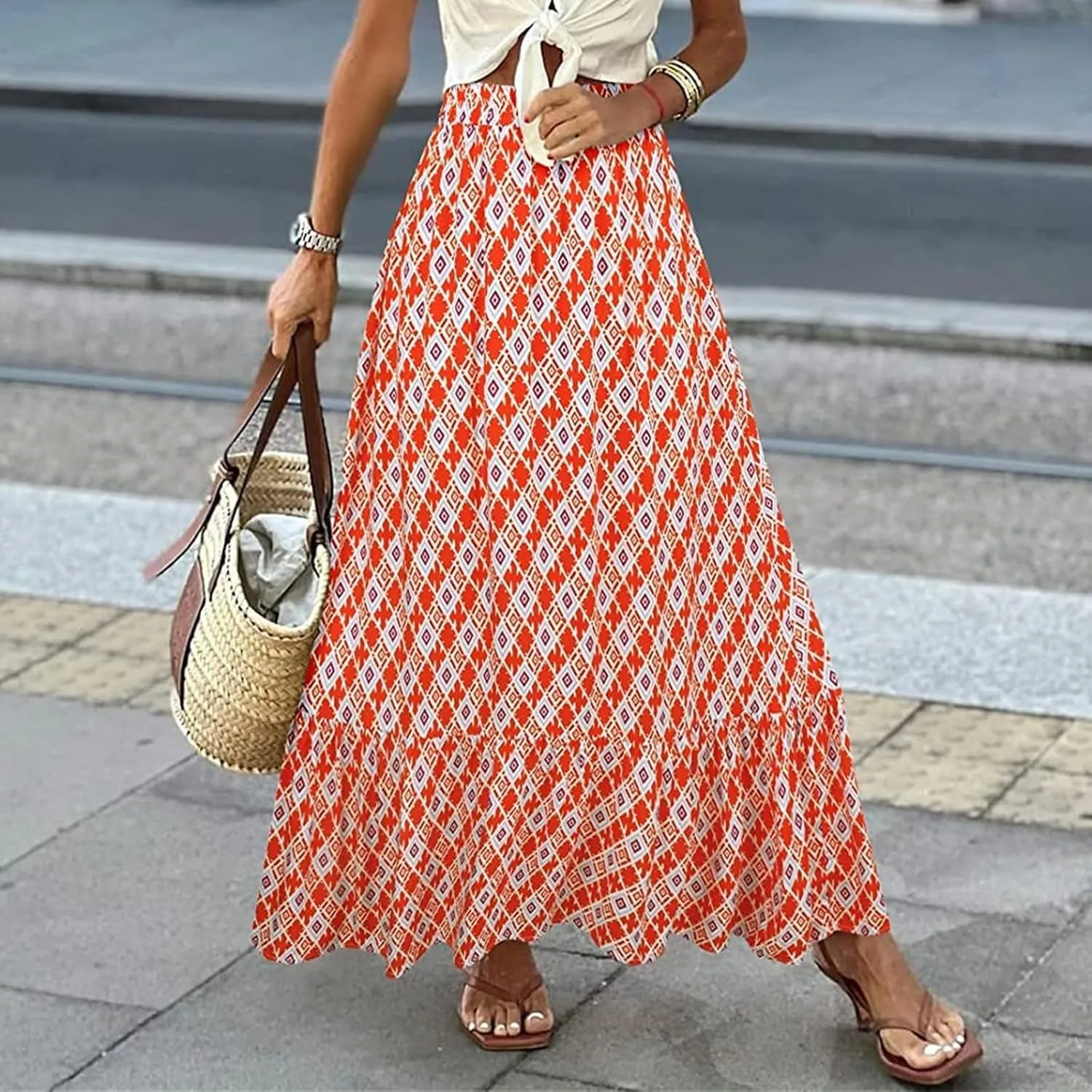 Womens Boho Maxi Skirts Summer Trendy Elastic High Waisted A Line Skort Casual Flowy Floral Ruffle Hem Beach Skirts