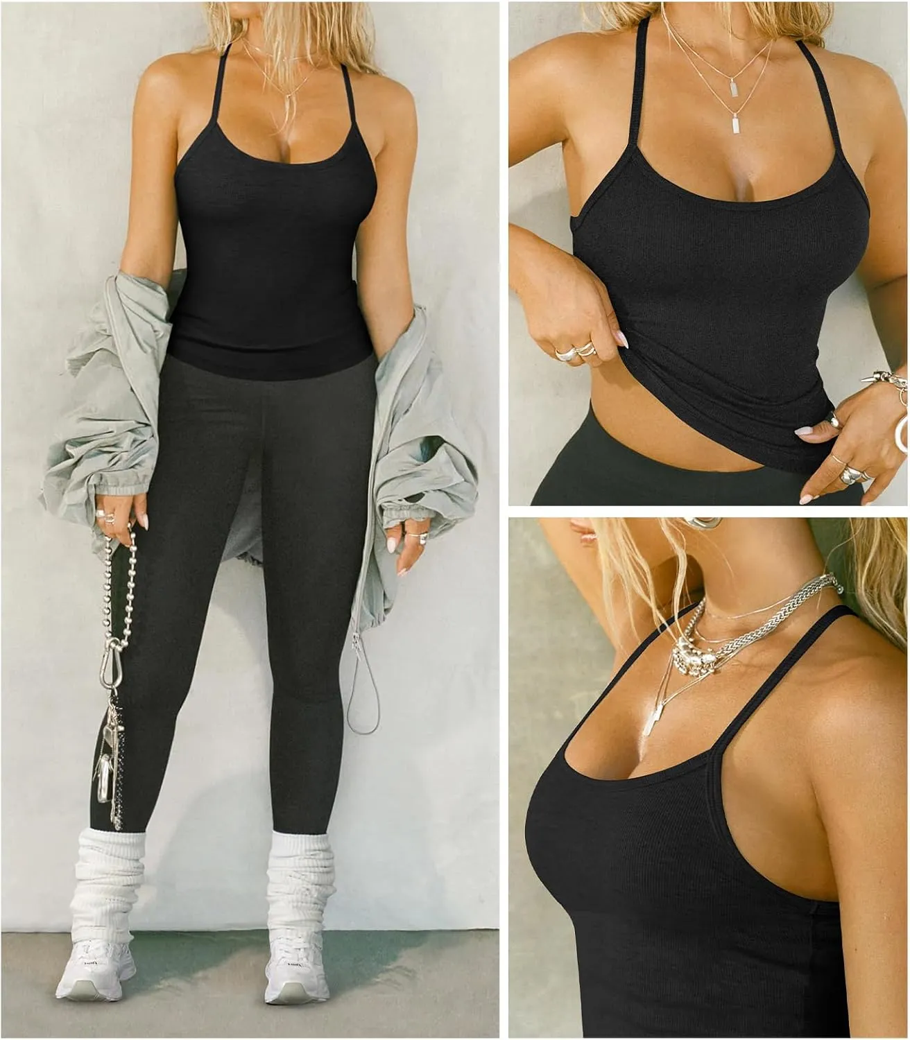 Women's Halter Tops Scoop Neck Spaghetti Strap Racerback Tank for Women Sexy Low Cut Ribbed Slim Fitted Workout Camisole Top