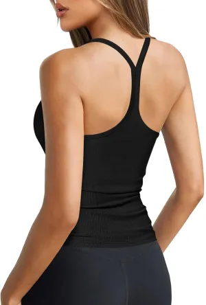 Women's Halter Tops Scoop Neck Spaghetti Strap Racerback Tank for Women Sexy Low Cut Ribbed Slim Fitted Workout Camisole Top