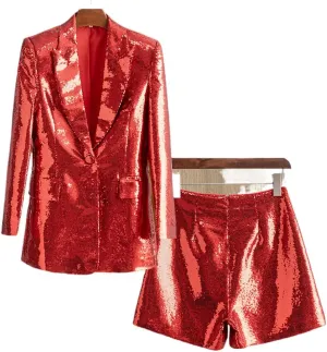 Womens Sequins Blazer Shorts Suit Set 2 PC Single Breasted Womens Glitter Suit Notch Lapel Prom Party Suit
