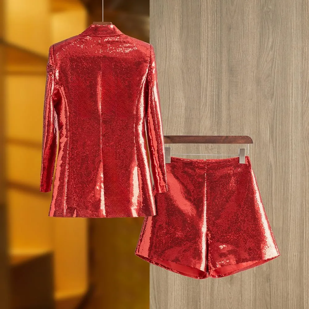 Womens Sequins Blazer Shorts Suit Set 2 PC Single Breasted Womens Glitter Suit Notch Lapel Prom Party Suit