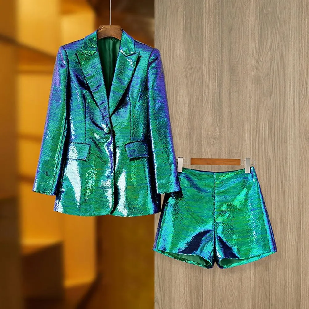 Womens Sequins Blazer Shorts Suit Set 2 PC Single Breasted Womens Glitter Suit Notch Lapel Prom Party Suit