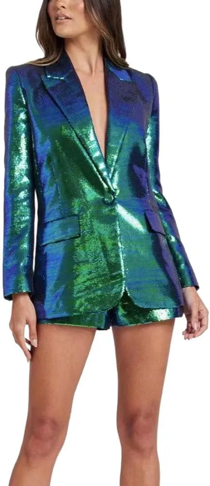 Womens Sequins Blazer Shorts Suit Set 2 PC Single Breasted Womens Glitter Suit Notch Lapel Prom Party Suit