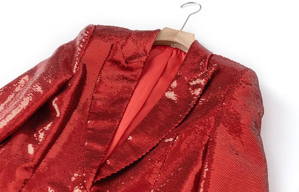 Womens Sequins Blazer Shorts Suit Set 2 PC Single Breasted Womens Glitter Suit Notch Lapel Prom Party Suit