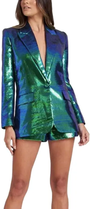 Womens Sequins Blazer Shorts Suit Set 2 PC Single Breasted Womens Glitter Suit Notch Lapel Prom Party Suit