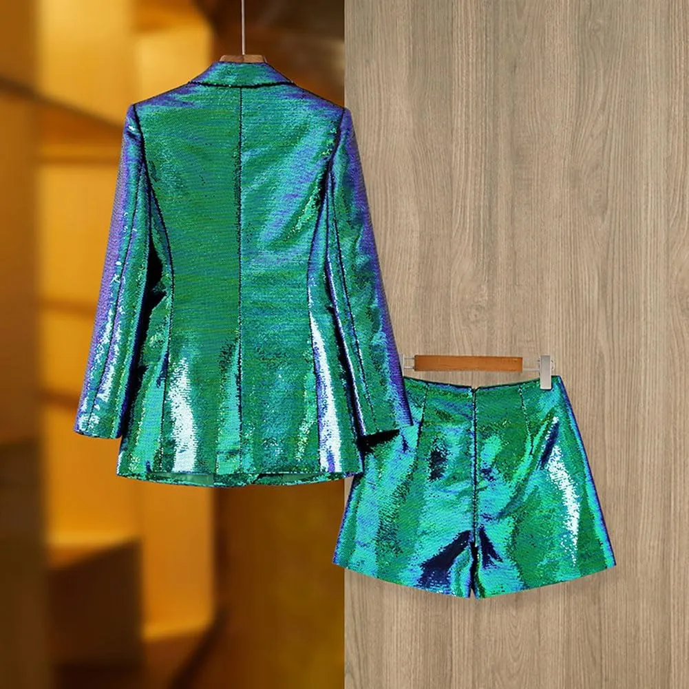 Womens Sequins Blazer Shorts Suit Set 2 PC Single Breasted Womens Glitter Suit Notch Lapel Prom Party Suit