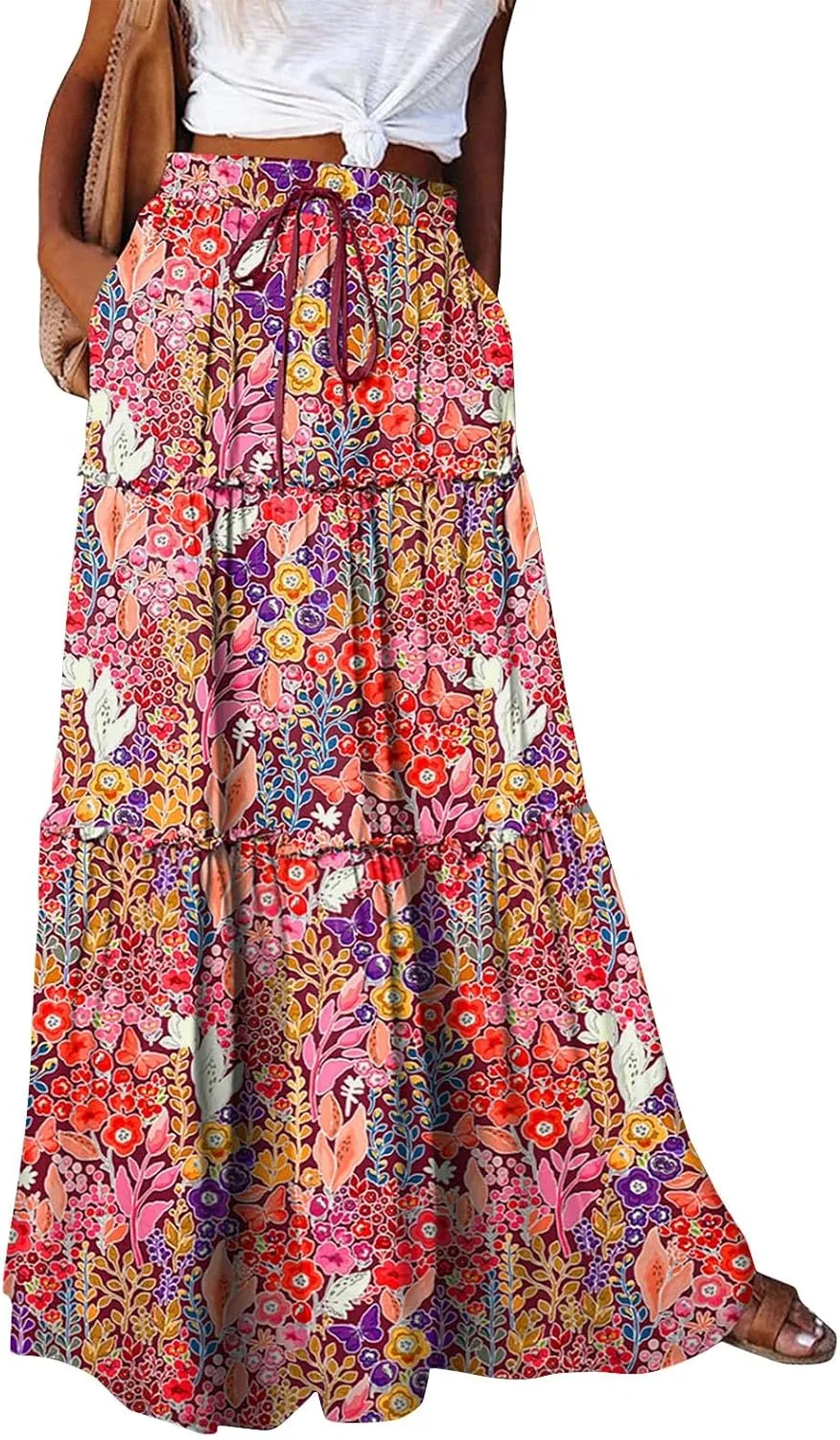 Women's Summer Skirts 2025 Loose Trendy Elastic High Waist Floral Print Boho Sun Beach Long Maxi Skirt, S-2XL