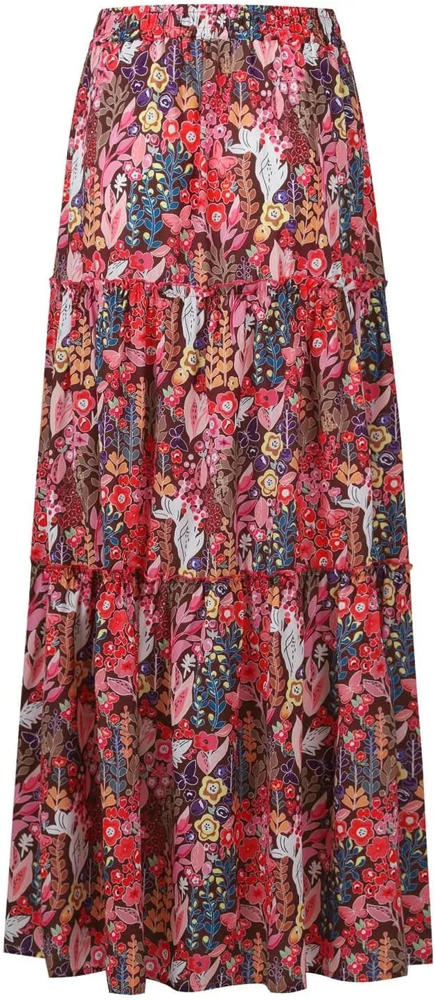 Women's Summer Skirts 2025 Loose Trendy Elastic High Waist Floral Print Boho Sun Beach Long Maxi Skirt, S-2XL