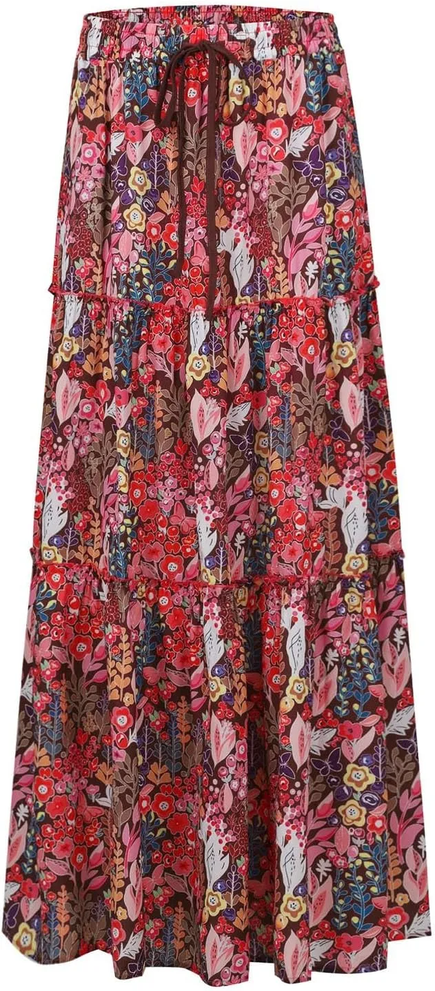 Women's Summer Skirts 2025 Loose Trendy Elastic High Waist Floral Print Boho Sun Beach Long Maxi Skirt, S-2XL