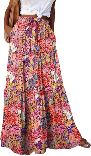 Women's Summer Skirts 2025 Loose Trendy Elastic High Waist Floral Print Boho Sun Beach Long Maxi Skirt, S-2XL