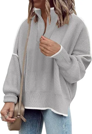 Womens Sweaters Casual Zipper Neck Knit Tops Batwing Sleeve Oversized Sweatshirt Stripes Pullover Sweater Side Split