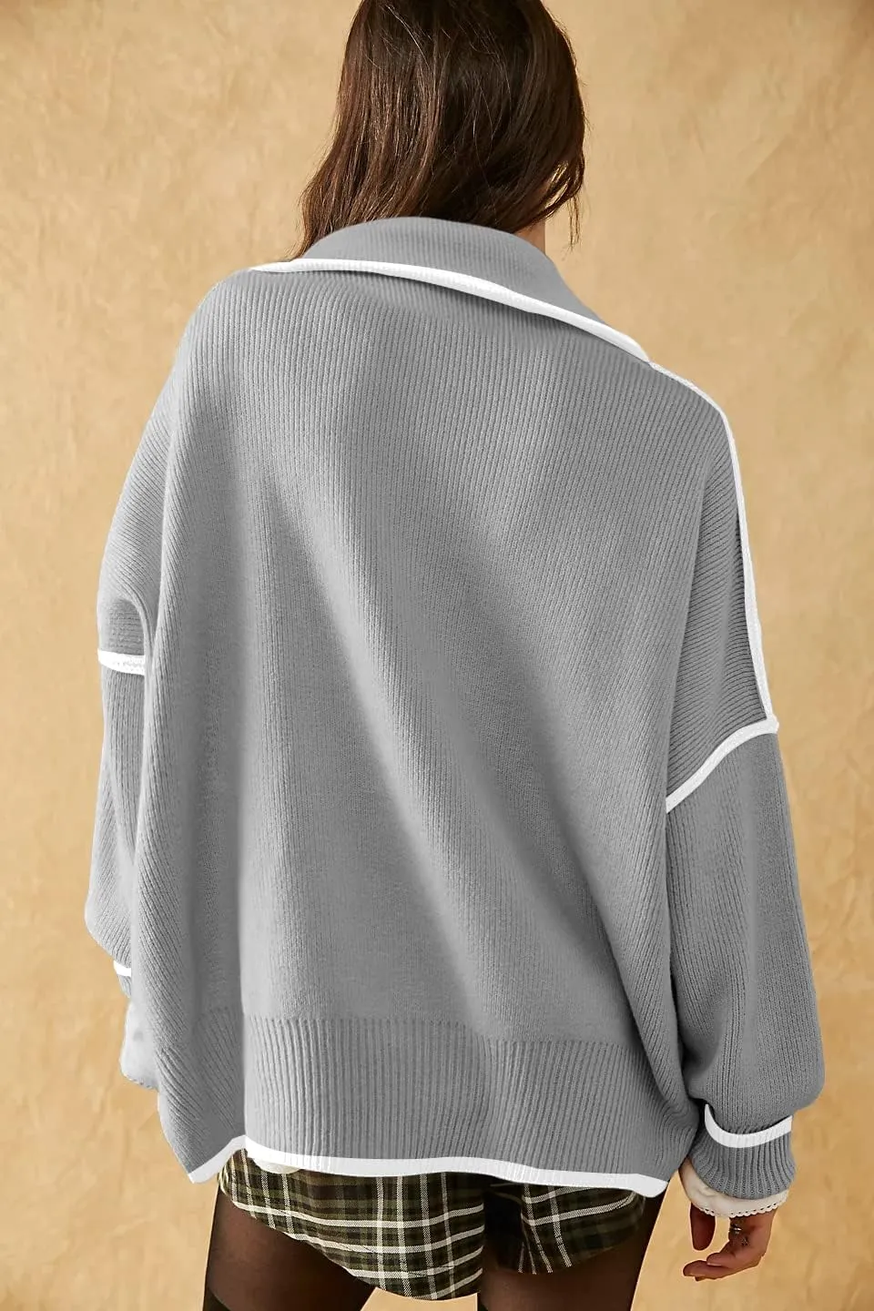 Womens Sweaters Casual Zipper Neck Knit Tops Batwing Sleeve Oversized Sweatshirt Stripes Pullover Sweater Side Split