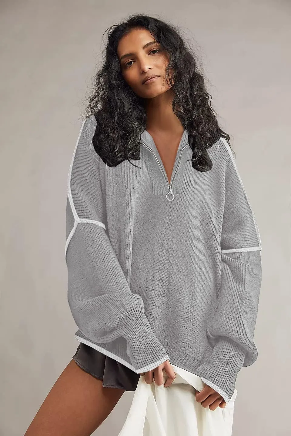Womens Sweaters Casual Zipper Neck Knit Tops Batwing Sleeve Oversized Sweatshirt Stripes Pullover Sweater Side Split